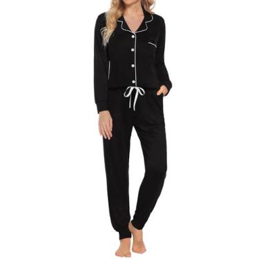 Imagem de Conjunto de pijamas SWOMOG, pijamas femininos de manga comprida, preto