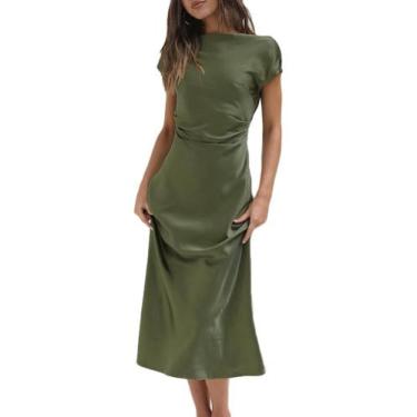 Imagem de Vestido Gmeitoey 2025 de cetim, manga curta, capuz, costas, verde-oliv