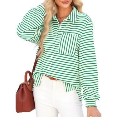 Imagem de Camisa feminina elegante, listrada, com decote em V, manga comprida - 