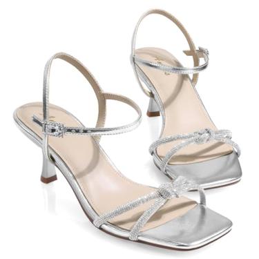 Imagem de Ankis Sandálias femininas de salto gatinho com tiras quadradas com tiras de strass e tiras no tornozelo douradas e prateadas para festas de casamento, formatura, vestido casual, presente de formatura