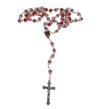 Imagem de Jerusalem Rosaries Terço exclusivo de contas de cristal de vidro grandes com crucifixo de prata de solo sagrado (vermelho)