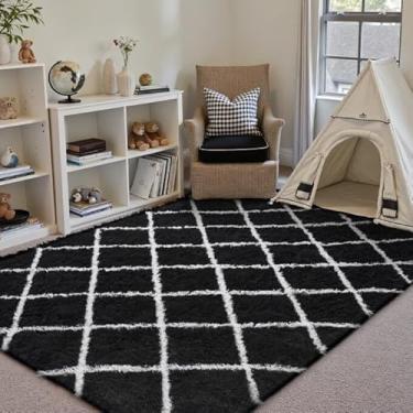 Imagem de PureCozy Tapete quadriculado 10 x 15 cm para sala de estar, preto e branco, moderno, macio, tapete antiderrapante para quarto, sala de jogos, decoração estética de casa