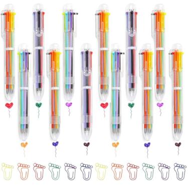 Imagem de XIANFANG 12 canetas esferográficas retráteis 6 em 1 multicoloridas transparentes de 0,5 mm com 12 clipes de metal para escritório