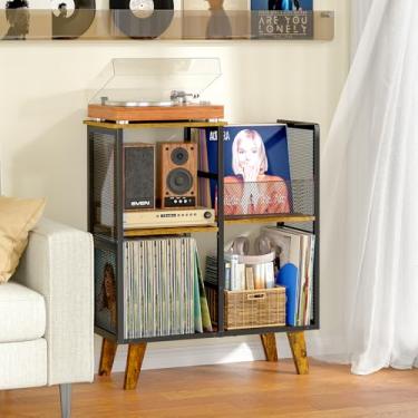 Imagem de ThreeHio Suporte para toca-discos, suporte para toca-discos com armazenamento de vinil, comporta até mais de 300 álbuns, armário de armazenamento de discos de vinil com perna de madeira, mesa de