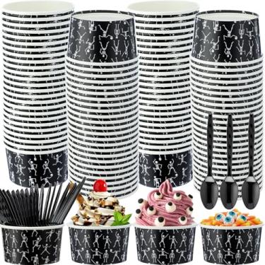 Imagem de Ninehaoou 50 peças de copos de sorvete de papel de Dia das Bruxas de 227 g Copos de lanche de petisco fantasma esqueleto assustador tigelas de papel descartáveis com colheres pretas de plástico para