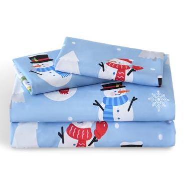 Imagem de LONAVA Jogo de lençol Queen infantil - Homem da neve 4 peças de lençol macio de microfibra para meninos e meninas, adolescentes, tecido refrescante respirável com texto Oeko e lençol com elástico