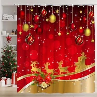 Imagem de AMFD Cortina de chuveiro Merry Christmas bola de Natal vermelha Papai Noel rena trenó sino de inverno férias cortinas de banheiro decoração conjunto de tecido inclui ganchos, (177.8 cm WX70 H)