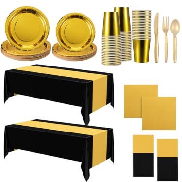 Imagem de Oudain Conjunto de utensílios de jantar de formatura dourado e preto, 162 peças, pratos, toalhas de mesa, copos, colheres, garfos, facas, guardanapos para servir 20 convidados para festa