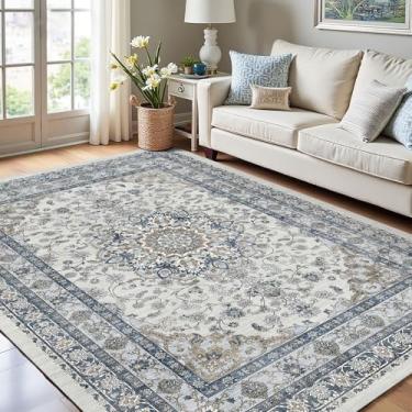 Imagem de Tapete oriental de 5 x 7 cm para sala de estar, tapete lavável macio antiderrapante e não solta para quarto, sala de jantar embaixo da mesa, berçário - Tapete vintage resistente a manchas, azul claro