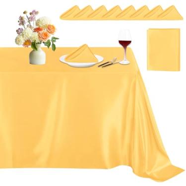 Imagem de PURREITTI Conjunto de toalha de mesa retangular de cetim dourado com guardanapos para eventos de festa de banquete de casamento, 1 peça de toalha de mesa macia sedosa de 159 x 250 cm, 8 guardanapos