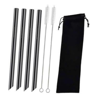 Imagem de SiaBiced 4 Canudos Reutilizáveis ​​de aço Inoxidável, Canudos Portáteis com Escova de Limpeza, Canudos de Metal Reutilizáveis ​​para Coquetéis, Lojas E Cozinha, Preto, Tamanho real