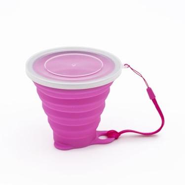 Imagem de Copo Silicone Dobrável Retrátil Borda de Inox Com Tampa 270ml Ecológico Reutilizável Fino Bolso (Pink)