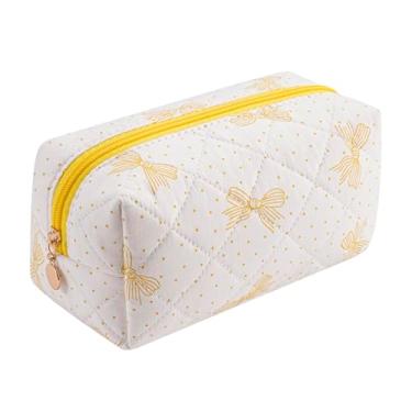Imagem de Gleyemor Bolsa de maquiagem com laço fofo, pequena bolsa de cosméticos de algodão acolchoado, bolsa de kit de emergência, bolsa de higiene para viagem, presentes para mulheres e meninas, Laço amarelo