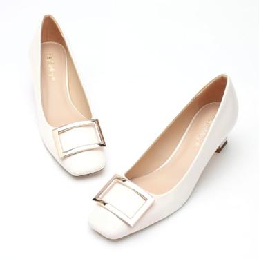 Imagem de HeySiMey Sapato feminino de couro genuíno elegante e confortável com palmilha de látex salto bloco para escritório vestido confortável, Branco, 38