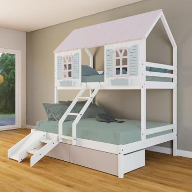 Imagem de Beliche Casal/ Solteiro Casinha Bela 02 Gavetas Rosa Kit Escada/Escorregador - Madeira Maciça Branco/Rosa/Verde | Housin