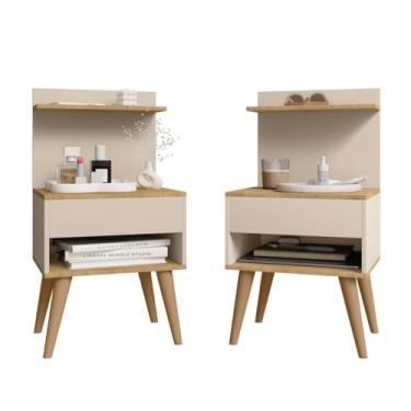 Imagem de Kit 2 Mesas De Cabeceira Altas 74,9cm, Par Lateral 1 Gaveta Nicho, Cama Box, Quarto Casal Organizador, 37,5cm Largura (Cinamomo/Off white)