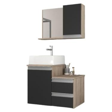 Imagem de Conjunto para Banheiro 60cm, Armário com Gaveteiro e Espelho, Gabinete de Banheiro Completo para Lavabo(Madeirado/Preto)