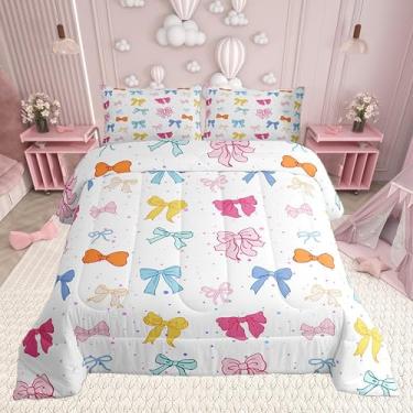 Imagem de Conjunto de edredom Queen com laço rosa e branco, com laço multicolorido, para adolescentes, adolescentes, estilo princesa kawaii, reversível, conjunto de colcha de bolinhas, aquarela com nó de
