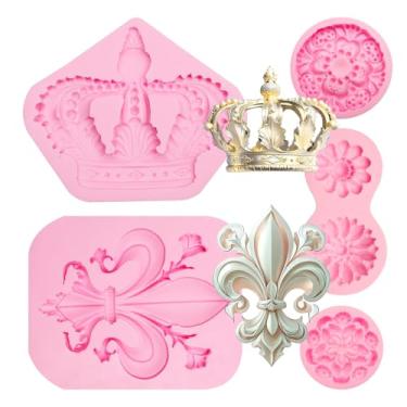 Imagem de Conjunto de moldes de silicone coroa real e pedra preciosa, moldes de argila estilo barroco para artesanato, rosa