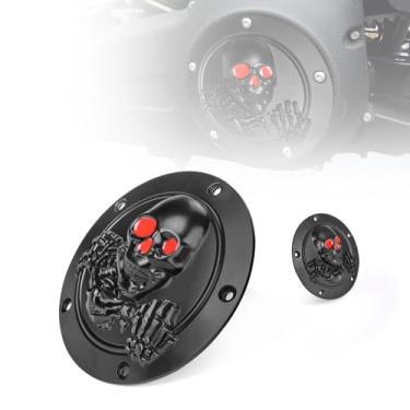 Imagem de Hutexico Capa de temporizador Derby CNC 3D Skull e capas de pontos 5 furos para Harley Twin Cam Touring Road King Electra Glide FLHR FLHX FXST Dyna Derby Cover Capa de sincronização do motor (Preta)
