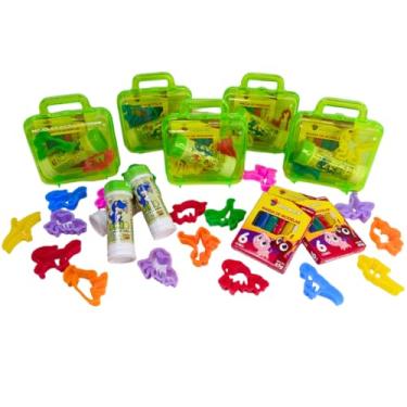 Imagem de Kit 20 Massinha Modelar + 20 Bolha Sabão Dino + 40 Cortador Dinossauro + 20 Maletinha Acrílico Lembrancinha Infantil
