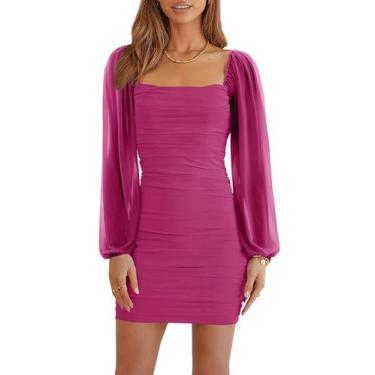 Imagem de Vestido Wenrine Mesh, manga comprida, gola quadrada, bodycon, rosa, ve