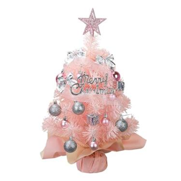 Imagem de Árvore de Natal pequena de 43 cm com luzes e enfeites de bola para decoração de festas em casa (laranja, rosa)