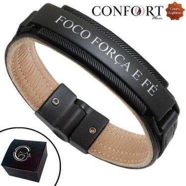 Imagem de Pulseira de Couro Magnética Foco Força Fé Costura Branca - GRANADO ACE