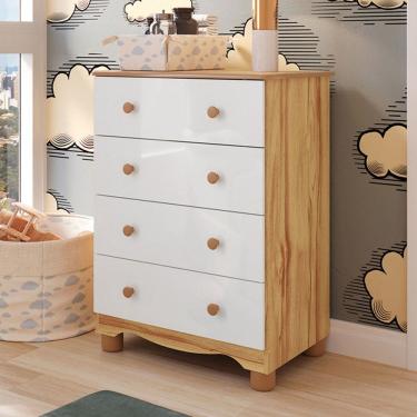 Imagem de Cômoda Infantil Júnior New 4 Gavetas 100% Mdf Branco Brilho/Amêndoa - Móveis Peroba