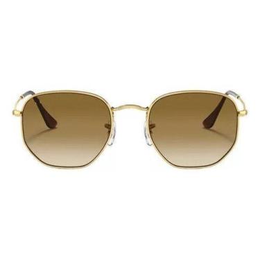 Imagem de Óculos De Sol Hexagonal Dourado Lentes Marrom Antiriscos Degrade Crist