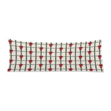 Imagem de FITIE Capa de almofada de corpo com laço vermelho de Natal Coquette 51 x 137 cm, decoração de Natal formal, verde, guingão, Natal, inverno, férias, capa de travesseiro longa para sofá-cama