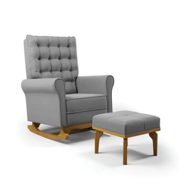 Imagem de Poltrona De Amamentação Com Balanço E Puff Manu Veludo Cinza Tb122 Base De Madeira - D'rossi