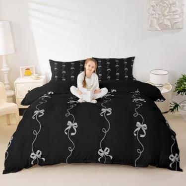 Imagem de Erosebridal Capa de edredom listrada preta com laço princesa lindo conjunto de cama completo para crianças e adultos, capa de edredom de gravata borboleta de fantasia de sonho moderno conjunto de cama