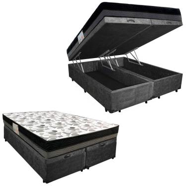 Imagem de Cama Box Baú Casal Suede Bipartido + Colchão Ortobom Iso Dupla Face 60x138x188 preto