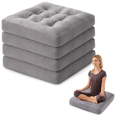 Imagem de SM-XLHN Almofadas de chão para adultos, cadeira de almofada grossa de meditação, almofada quadrada grande para ioga, sala de estar, almofadas e almofadas de chão, 55 x 55 cm, conjunto de 4, cinza