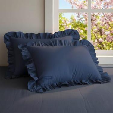 Imagem de SP COTTON 100% algodão egípcio fronhas com babados 50,8 cm x 76,2 cm conjunto de 2 fronhas decorativas com fecho de zíper, cor - azul marinho