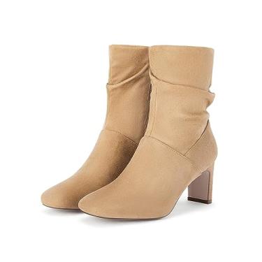 Imagem de Coutgo Botas femininas de cano médio, cano médio, salto grosso, bico quadrado, zíper, outono, botas modernas, Caqui, 37