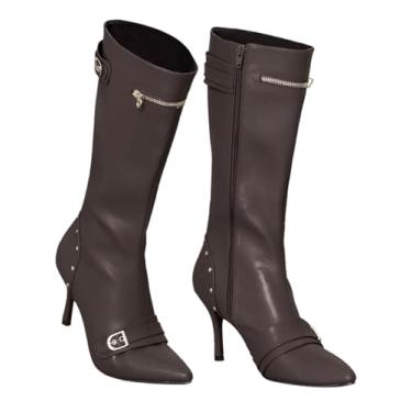 Imagem de Perphy Botas femininas de salto alto agulha com bico fino rebites, Café, 36