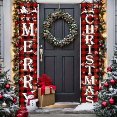 Imagem de Decorações de Natal Quintal ao ar livre: Placa grande de varanda frontal vermelha e preta, faixa de porta de Natal xadrez buffalo, decoração de feliz Natal pendurada