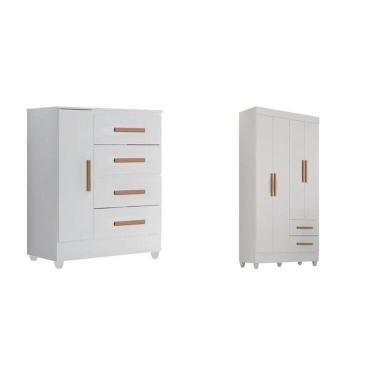 Imagem de Quarto Bebê Infantil com Guarda-Roupa 4 Portas e 2 Gavetas com Cômoda 4 Gavetas e 1 Porta Branco