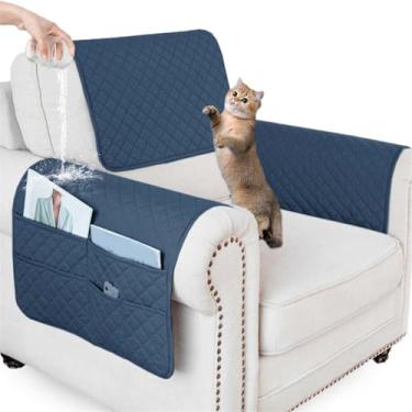 Imagem de ZGDDPZA Capa impermeável para apoio de braço para sofá com bolso lateral, protetor de sofá antiderrapante para poltronas, cadeiras e sofás (azul Berlim, 1 assento, 3 peças)