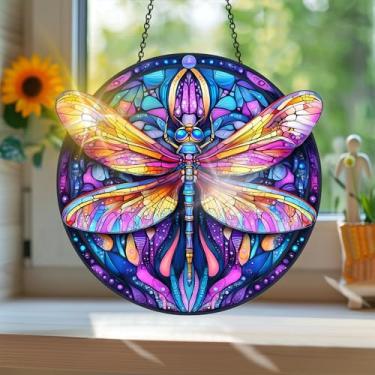 Imagem de Acrílico colorido Suncatcher, apanhador de sol estilo vitral impresso libélula com reflexos de arco-íris, decoração de janela suspensa, decoração de parede, ornamentos de Natal para uso interno e