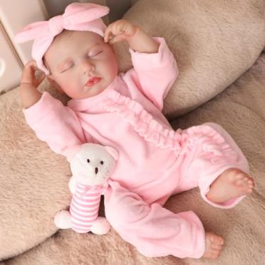 Imagem de Bebê Reborn Boneca Menina Corpo de Silicone Dormindo Rosa Realista Pintado Original 48cm Presente para Meninas (Urso Rosa)