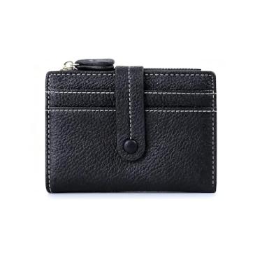 Imagem de Carteira feminina pequena, dobrável, de couro com bloqueio de RFID, porta-moedas com janela para identidade e porta-cartão de crédito, Preto, liso