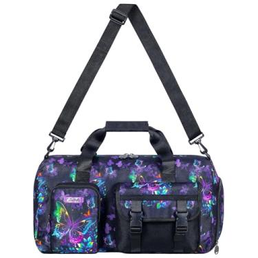 Imagem de Bolsa esportiva de viagem para meninas de 45 cm, resistente à água, com compartimento separado para sapatos, academia, escola, viagens noturnas, acampamento e festa do pijama, borboleta preta