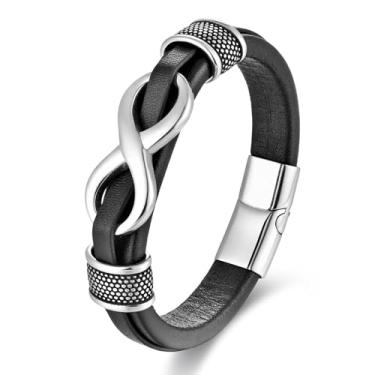 Imagem de REchoLI Pulseira masculina Infinity de aço inoxidável prata/preta de couro infinito, pulseira de couro masculina 21 cm / 8,26 polegadas, 21, Aço inoxidável, Sem Pedra Preciosa