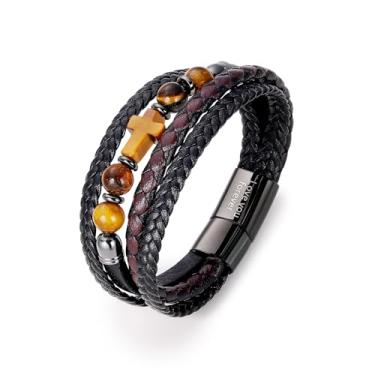 Imagem de ICEINX Pulseira masculina de couro com miçangas, pulseira trançada multicamadas com fecho fácil, presente Love You Forever para ele, 9inch, Couro, Sem Pedra Preciosa