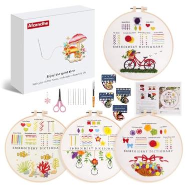 Imagem de Afcancihe 4 kits de bordado, kit inicial de ponto cruz para iniciantes, ferramenta de feltragem de agulha para adultos, vem com tecido impresso, agulha de bordado, vídeo de instruções, presente de