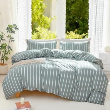 Imagem de DONEUS Conjunto de capa de edredom listrado, tamanho Queen, 100% algodão lavado, 3 peças, super macio, respirável, confortável, natural, linho, texturizado, com fecho de zíper (listras largas verdes e