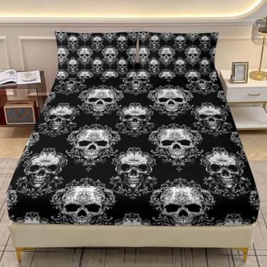 Imagem de AILONEN Jogo de lençol solteiro com estampa de caveira, tamanho GG, caveira gótica, preto, para crianças e adultos, lençol com elástico alto, com 2 fronhas, 3 peças